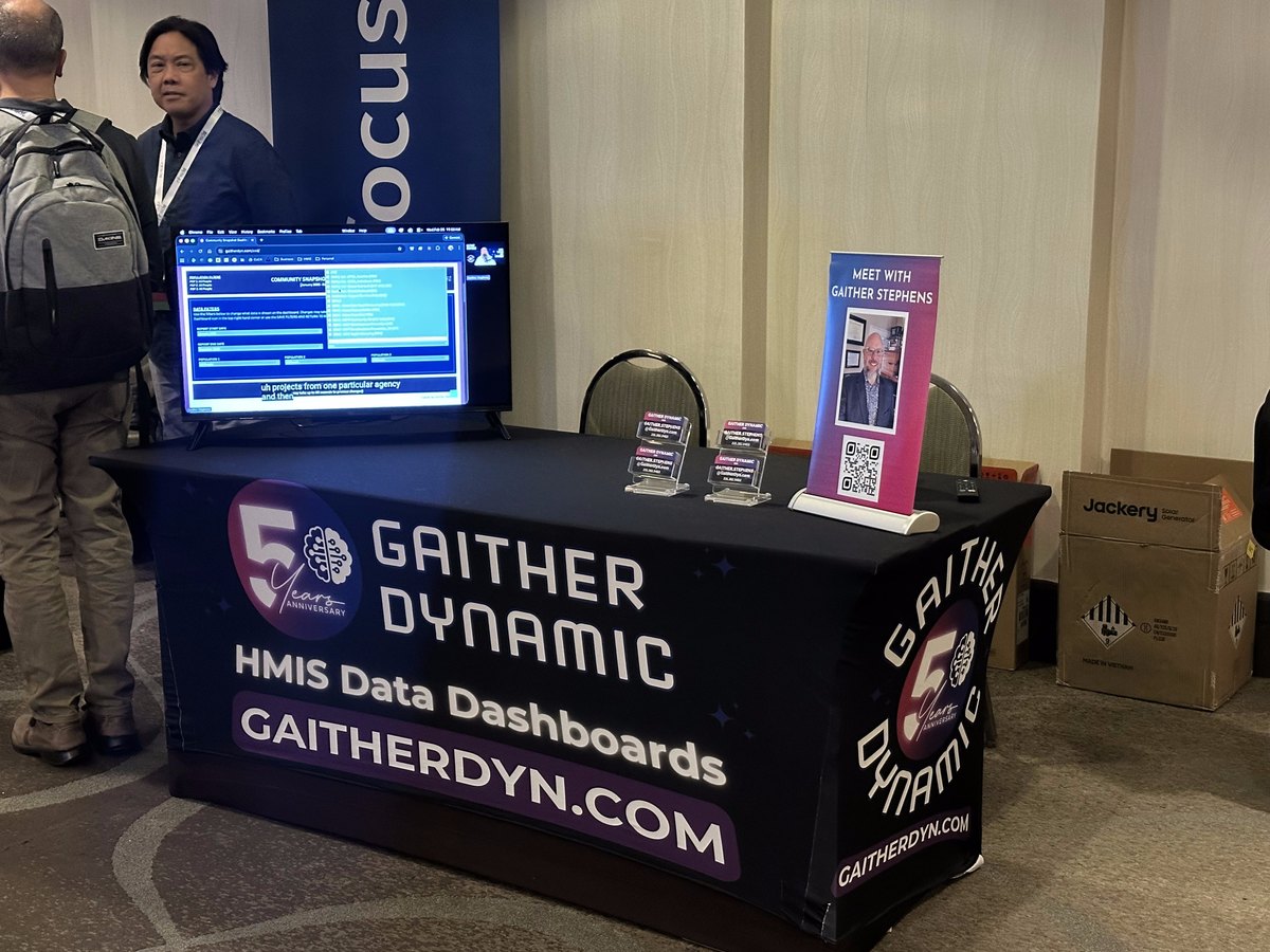 The Gaither Dynamic booth at NHSDC Spring 2026 in Albuquerque, showing a dashboard running live on a monitor